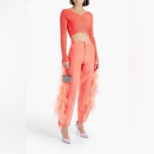 NWT $690 LAPOINTE Cropped Wrap-Effect Stretch-Knit Top Hot Coral Size Medium